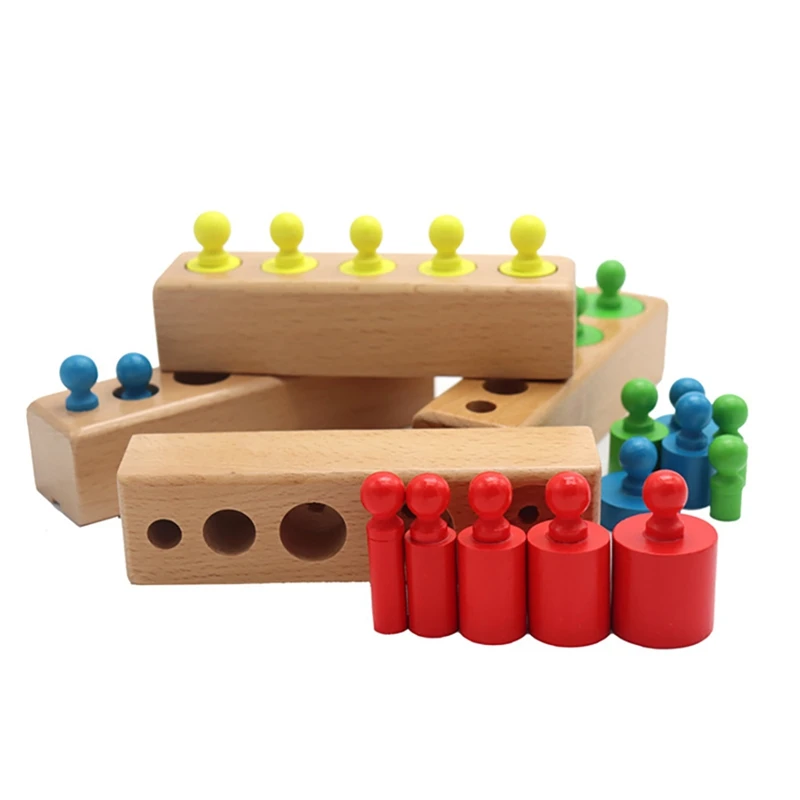 Bloques de cilindros de madera para niños, Juego de 4 piezas, juguetes de aprendizaje coloridos, regalo para niños, 5 clavijas