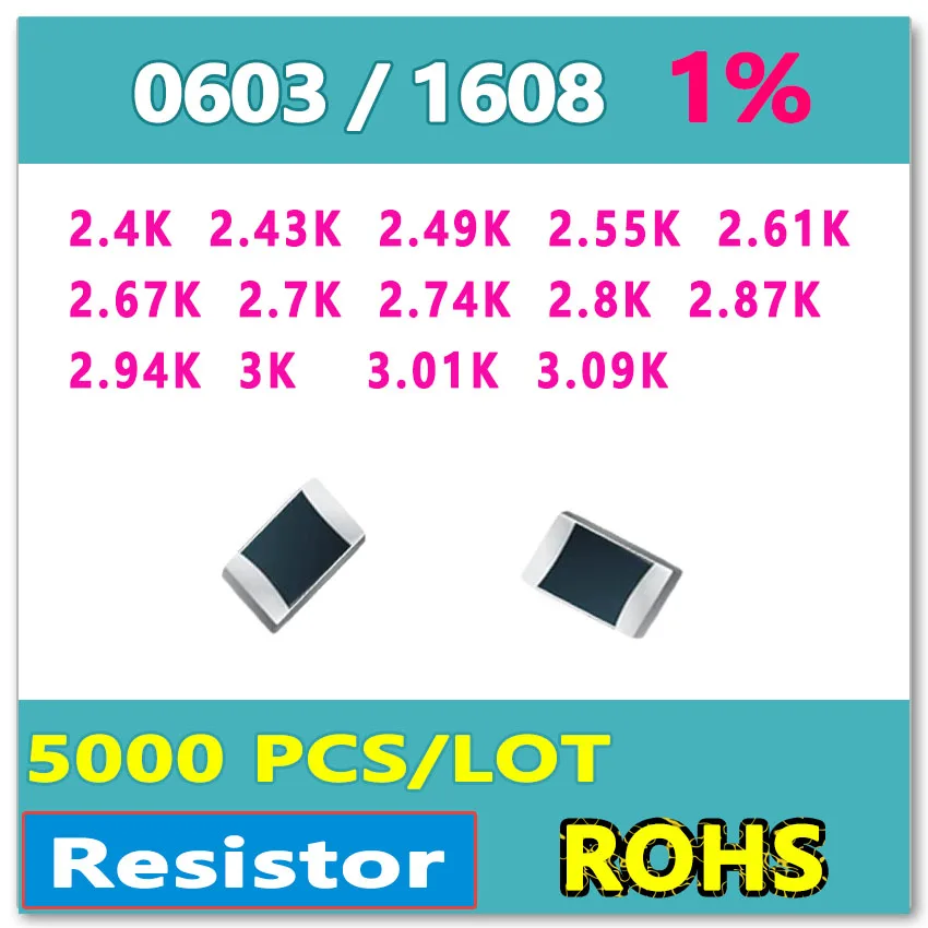 Jasnprosma-OHM 0603 F 1%, 5000 pièces, 2.4K, 2.43K, 2.49K, 2.55K, 2.61K, 2.67K, 2.7K, 2.74K, 2.8K, 2.87K, 3K, 2.94K, 3.01K, SMD 3.09, 1608