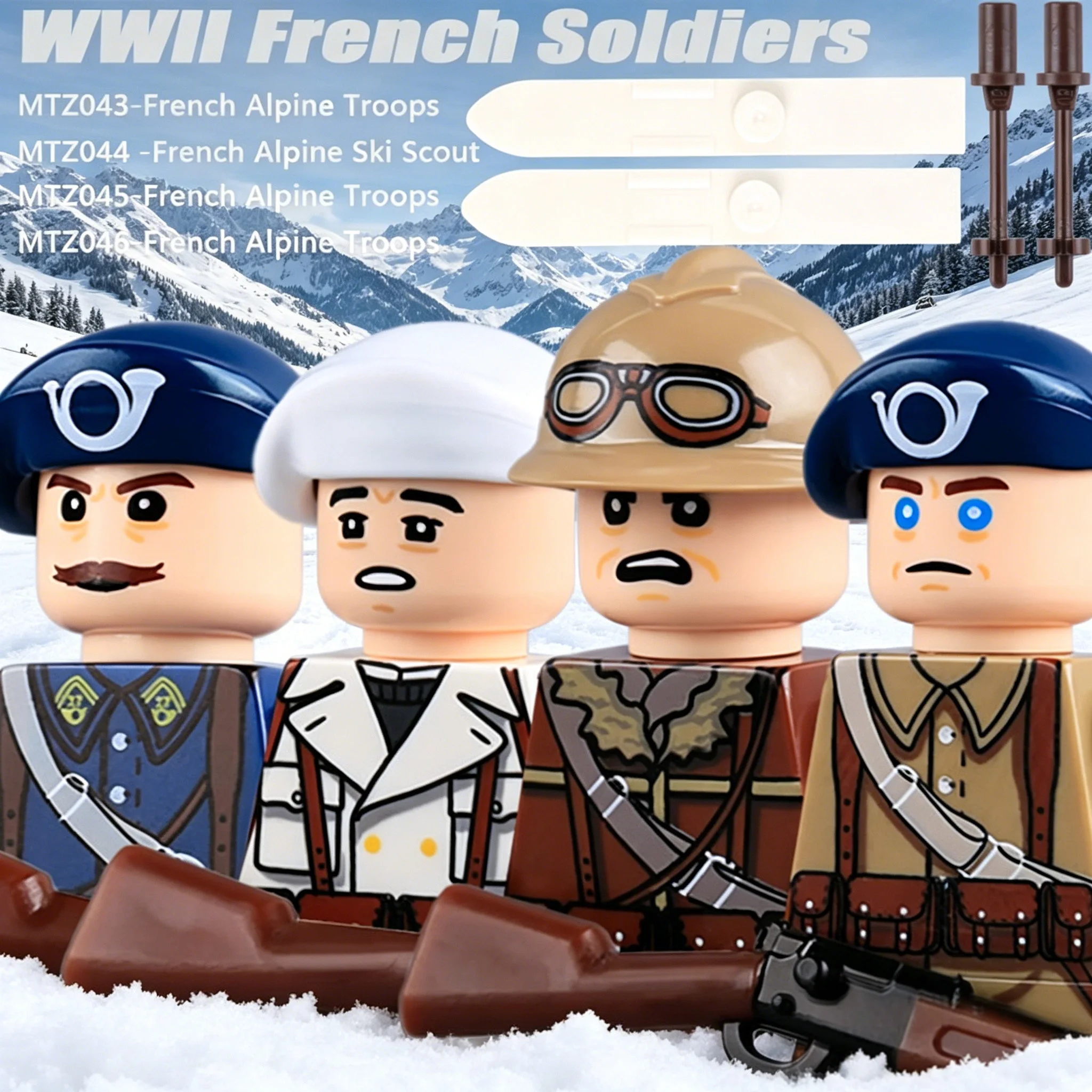 MOC WW2 Military French Alpine Troops Soldiers Figures Building Blocks Ski Scout Army Weapons Gun Cap Bricks Toys Kids Gift