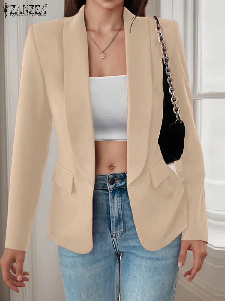 

ZANZEA 2022, женский осенний пиджак, элегантный однотонный пиджак с лацканами и длинными рукавами, стильный рабочий пиджак OL, тонкие флейтовые пальто