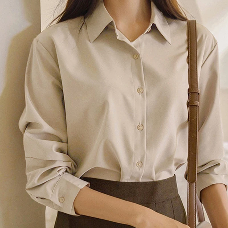 

Korean Turn Down Collar Office Shirts Ladies Basic Single Breasted Long Sleeve Blouse Women Wild Solid Color Loose Shirt Woman