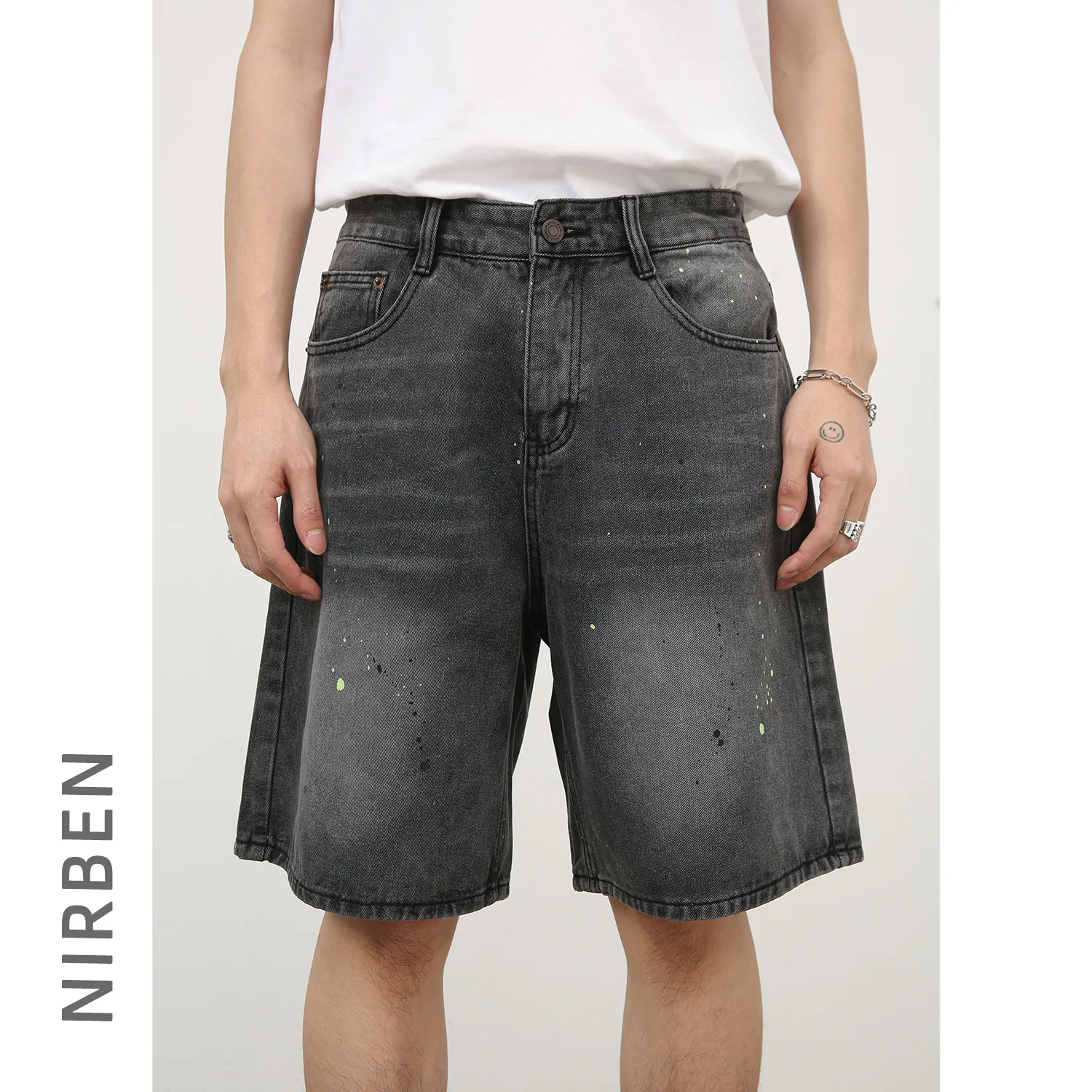 Denim American Splash Ink Paint Point Denim Shorts Men's High Street Loose Straight Five-point Medium Pants