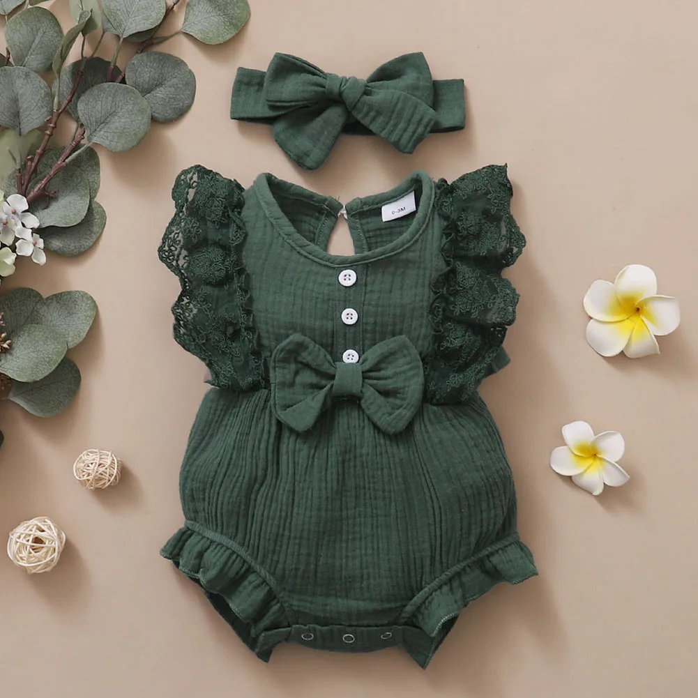 

0-18M Baby Girls 2pcs/set Summer Bow Romper Outfits Lace Ruffled Sleeve Jumpsuit Bodysuit+Headband Infant Clothes
