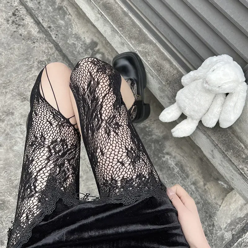 Collants résille floraux creux gothiques pour femmes, Harajuku Lolita, trous de mendiant déchirés irréguliers, collants en maille, bas de corps sexy