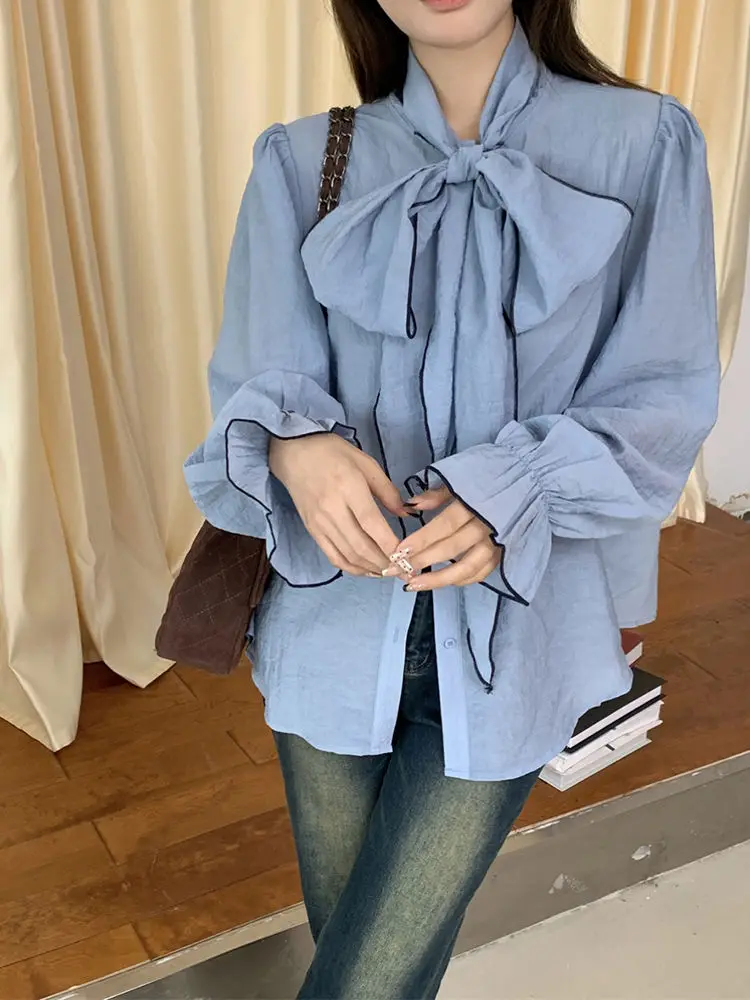 Bubble Sleeve Bow Tie Bottom Shirt for Women\'s Autumn and Winter French Style Interior Shirt Blue Ribbon Design Blouses Shirts