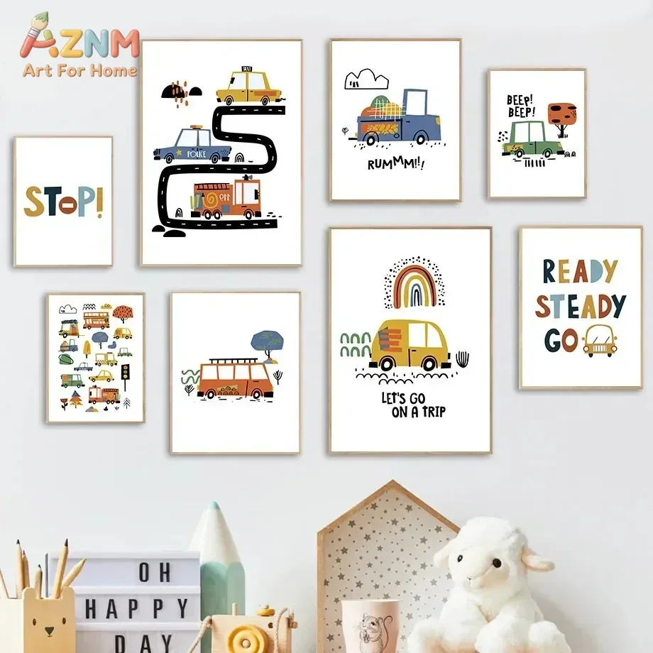 AZNM Cartoon Car Rainbow Inspirational Text Canvas Poster, Frameless Cute Vehicle Wall Art For Kids Nursery Playroom Bedroom Wal