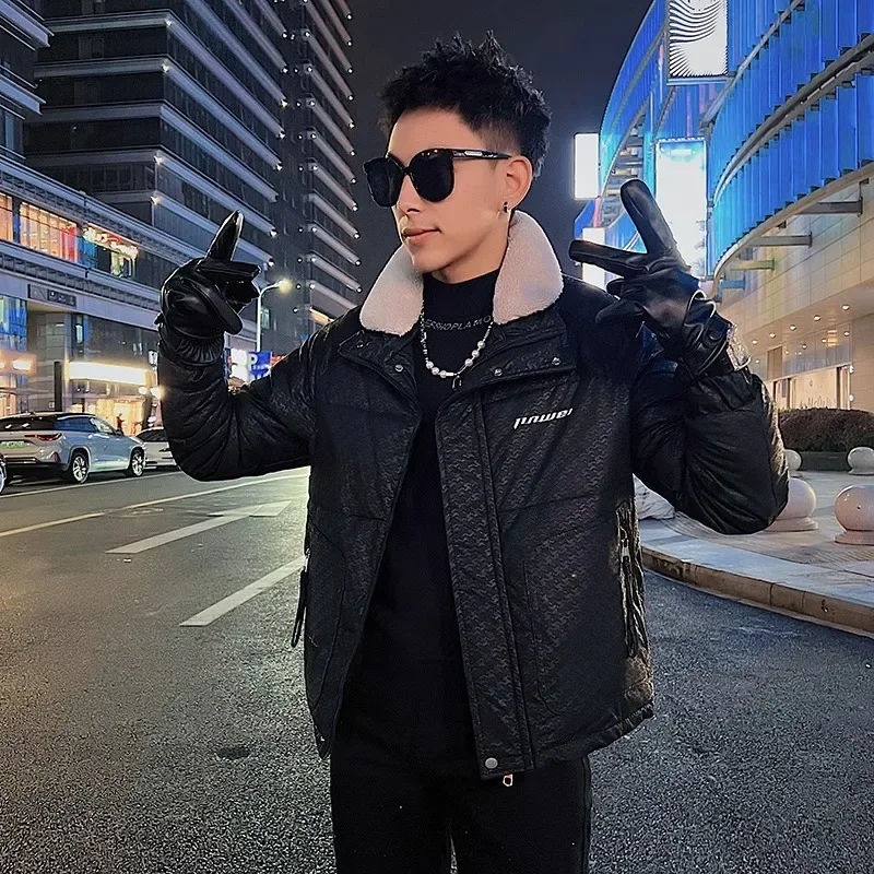 Winter Houndstooth PU Leather Jackets Men Embroidered Cotton Warm Coat Faux Fur Collar Casual Puffer Parkas men clothing 2023