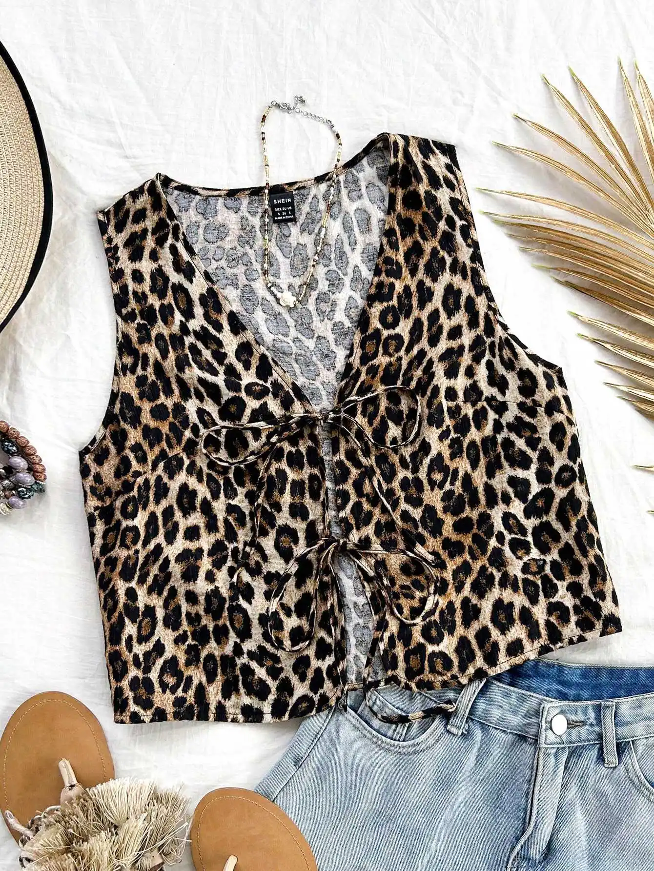 Leopard Print Vests Women Vintage Fall Aesthetic Leopard Vest Sleeveless Tie Front Shirts Floral Vest Cardigan Trendy Streetwear