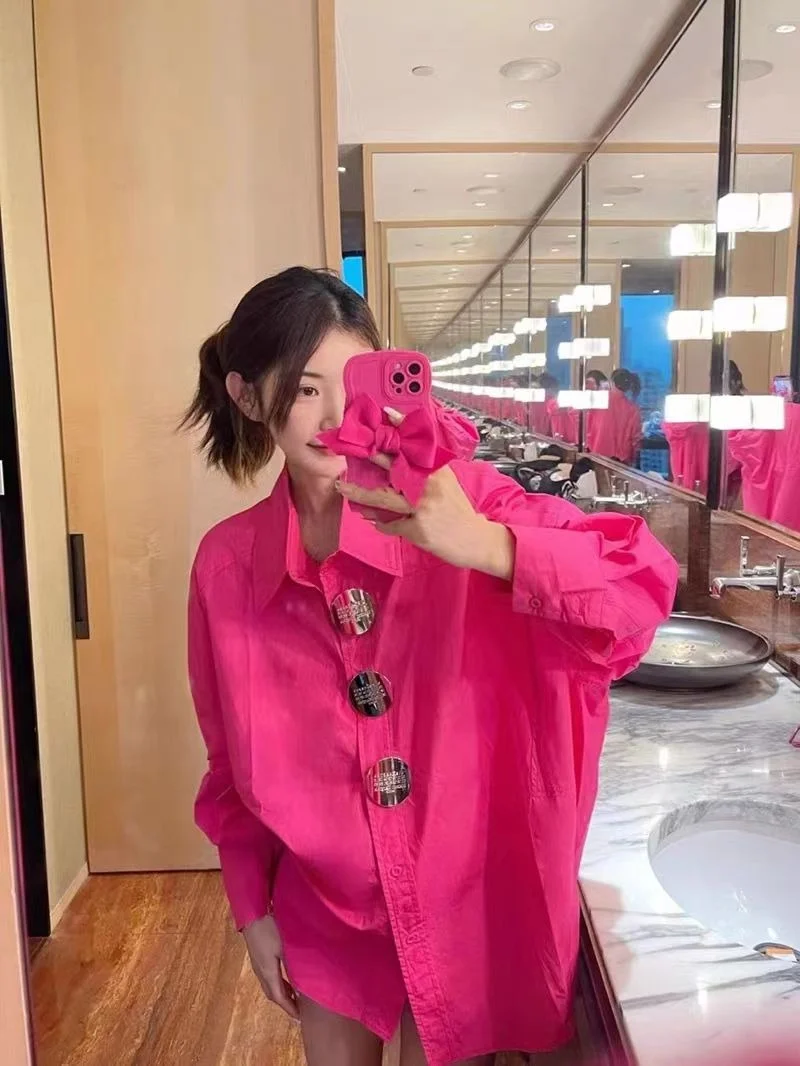 

plus Size Women's irt Long Sve Midi Loose Fit Button up Pink Spring Autumn Faionable Office Sle Pure Color Korean Ve...