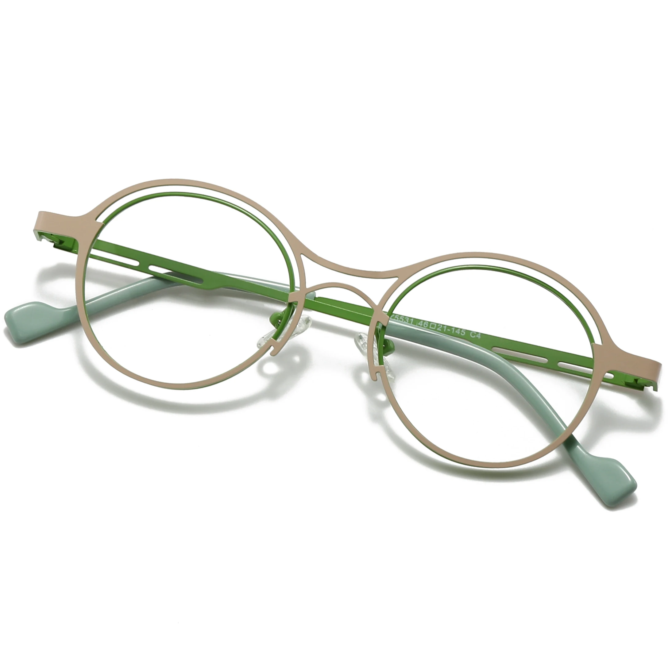 Fytoo Women's Vintage Modern Reading Glasses - Green Full Metal Frame Round Semi-Hollow Design