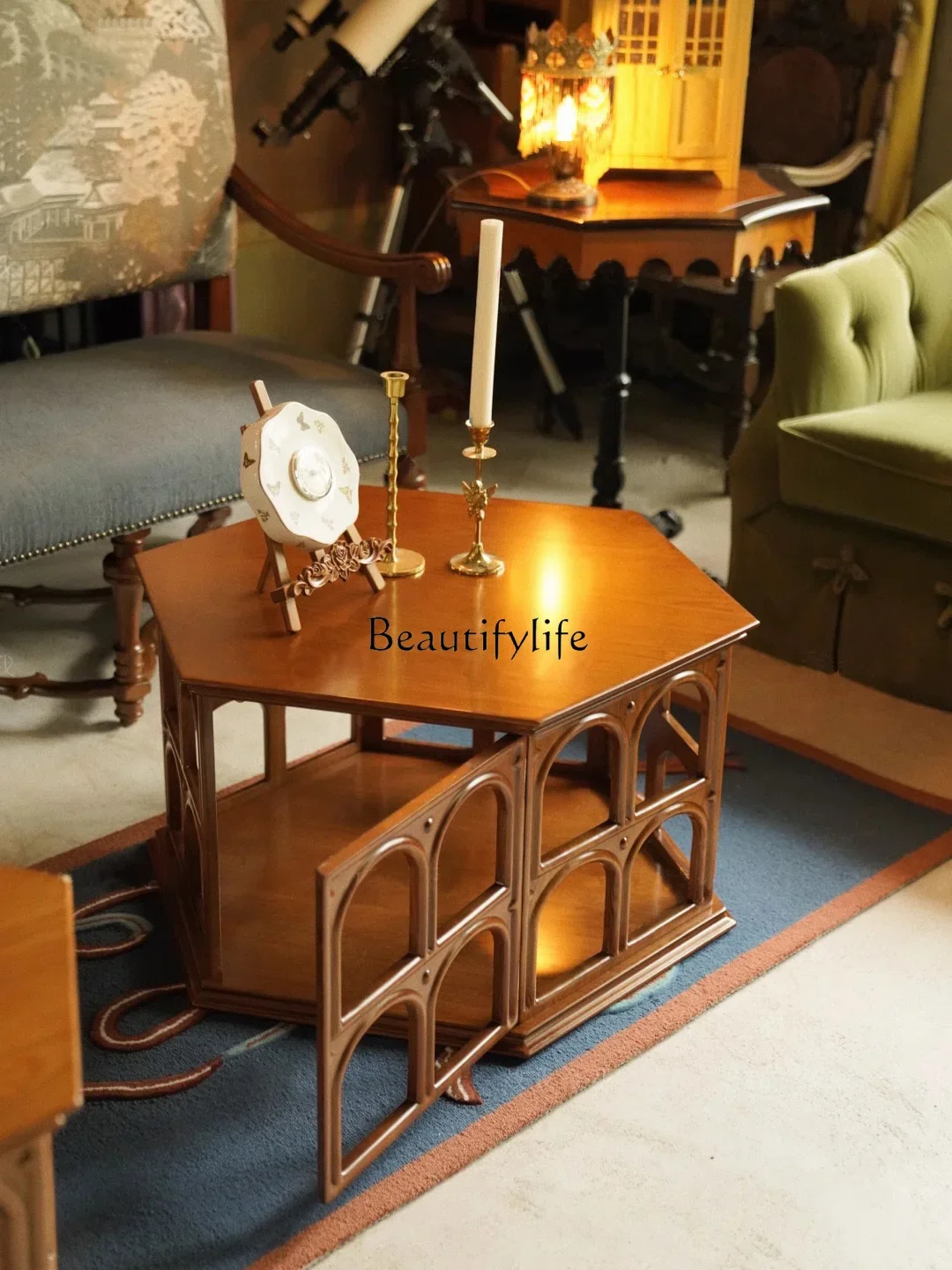 

lFrench Retro Solid Wood Coffee Table Living Room Home Advanced Design Arch Hollow-out Side Table