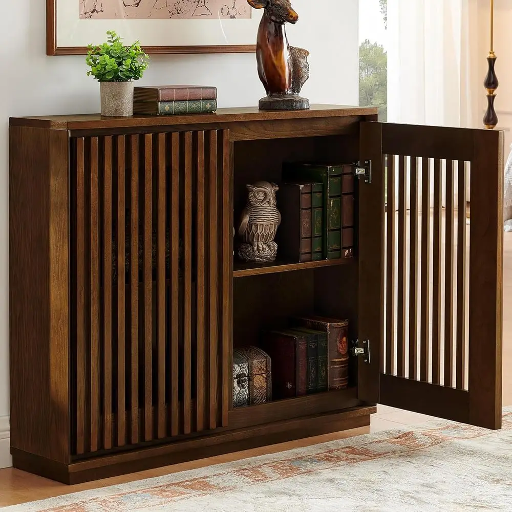 Hollowed Sideboard Cabinet with 2 Outlets, Walnut Storage for Living Room, Entryway, Hallway, Dining Room, Kitchen