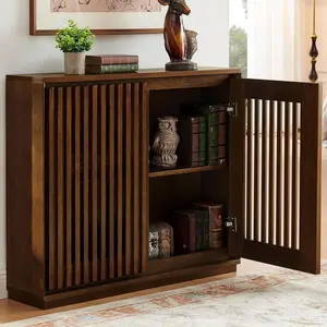 Hollowed Sideboard Cabinet with 2 Outlets, Walnut Storage for Living Room, Entryway, Hallway, Dining Room, Kitchen