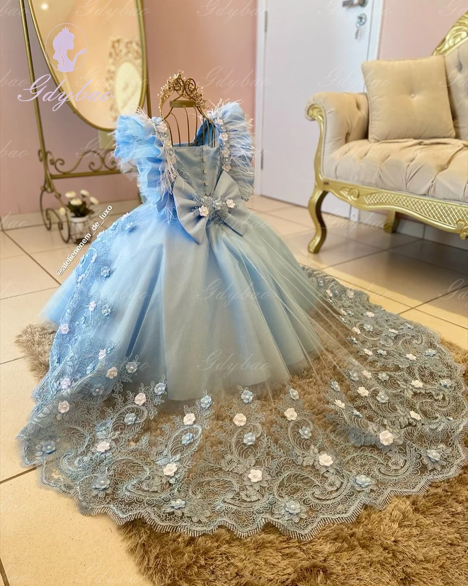 Vestido de niña de flores de tul rosa para boda, apliques de manga larga con lazo, largo hasta el suelo, vestido de primera comunión de princesa para niños