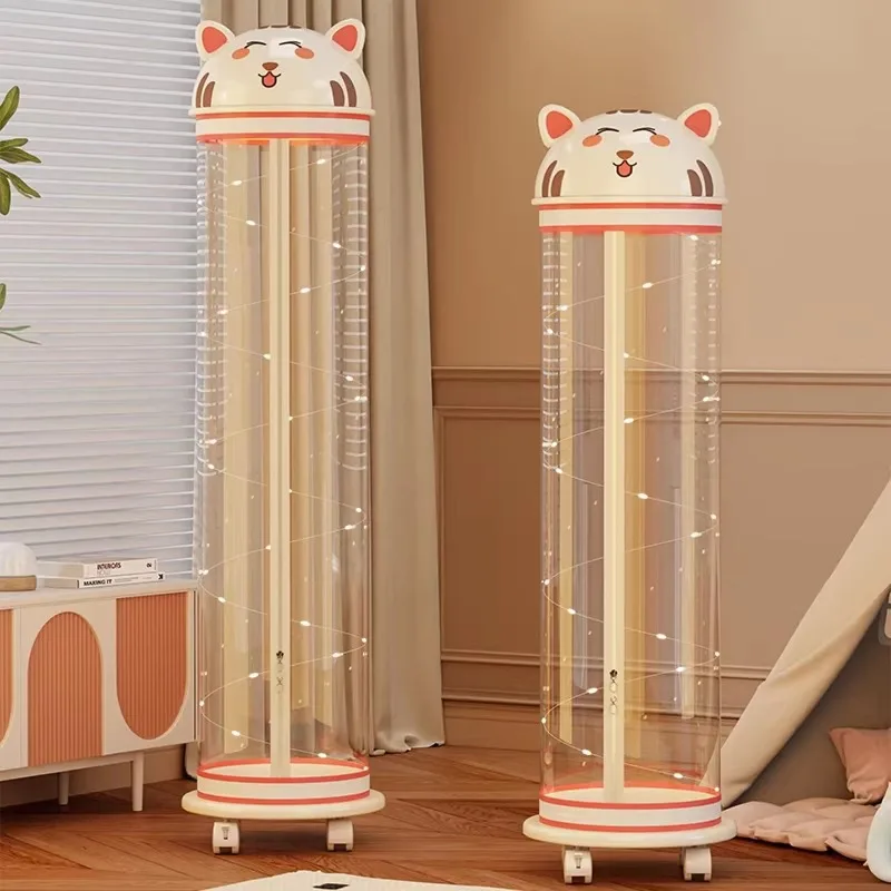 Transparent cylindrical cylinder with wheels, movable children's toy storage rack, multifunctional figurine organizer in the liv
