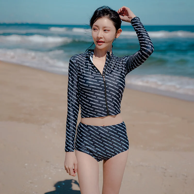 

Wisuwore Long-sleeve Split Swimsuit Women's 2023 New Korean Fashion Three-piece Set High Waist and Small Chest Hot Spring Swim