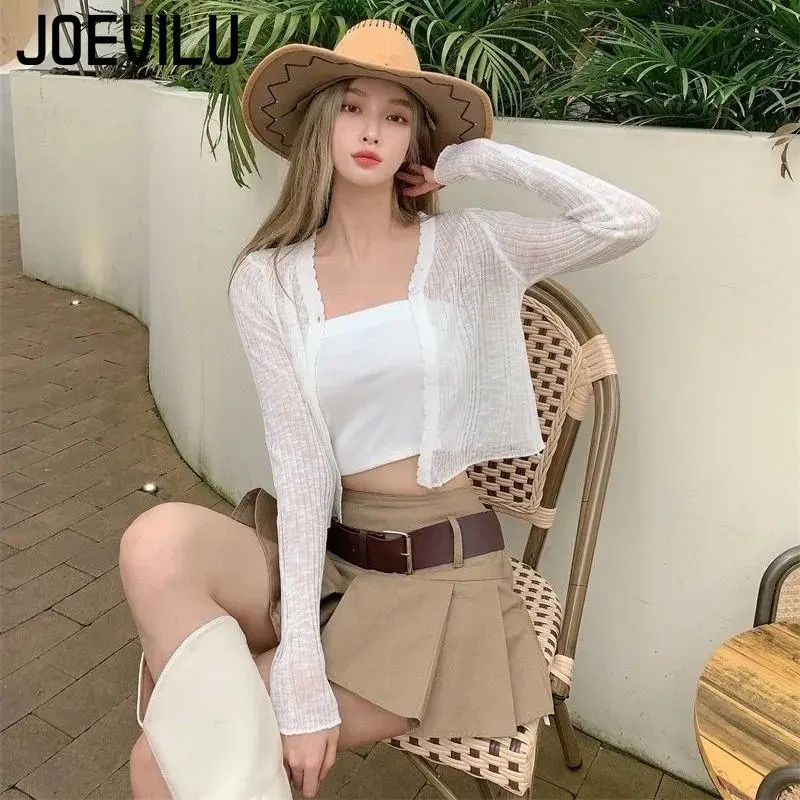 JOEVILU Thin Sunscreen Shirt Women\'s Summer Outerwear Crop Tops Hollow Out White Long-sleeved Cardigan Elegant Casual Shawl Coat