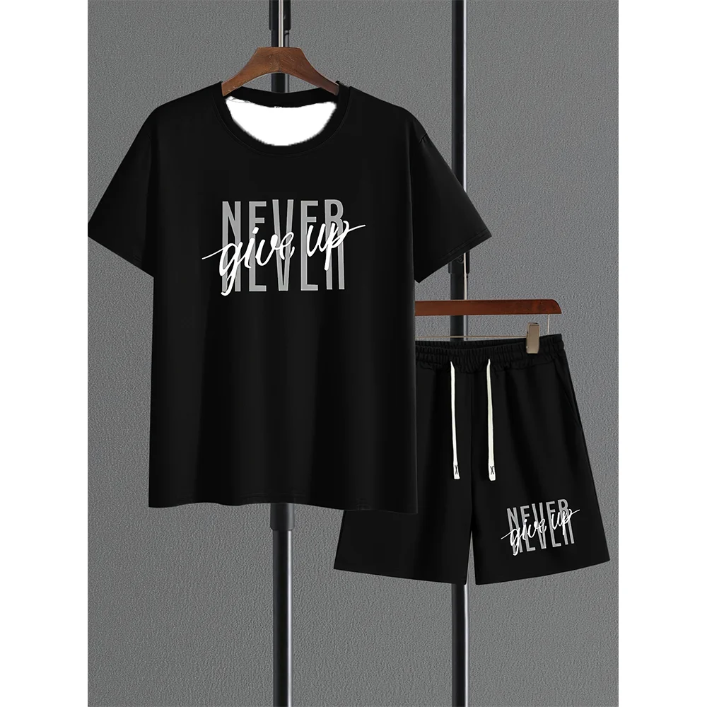 

New Men's Summer Daily Personalized Letter Printed Round Neck T-shirt+Shorts Two-piece Outdoor Casual Clothing