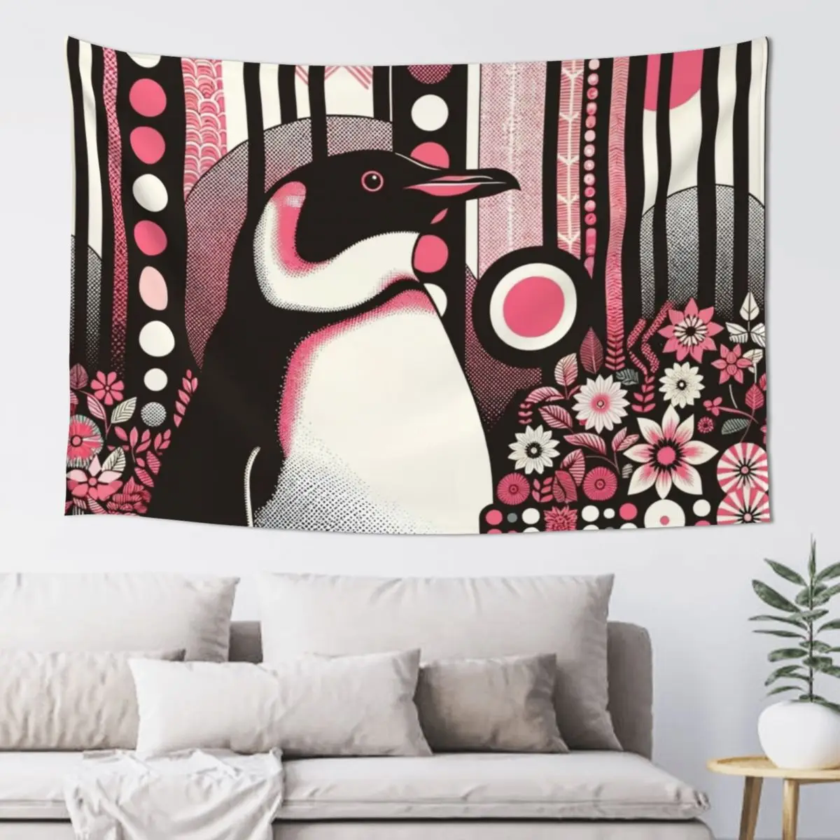 

Cute Penguin In Pink Salmon Flower Forest Tapestry House Decorations Bedrooms Decor Tapestry