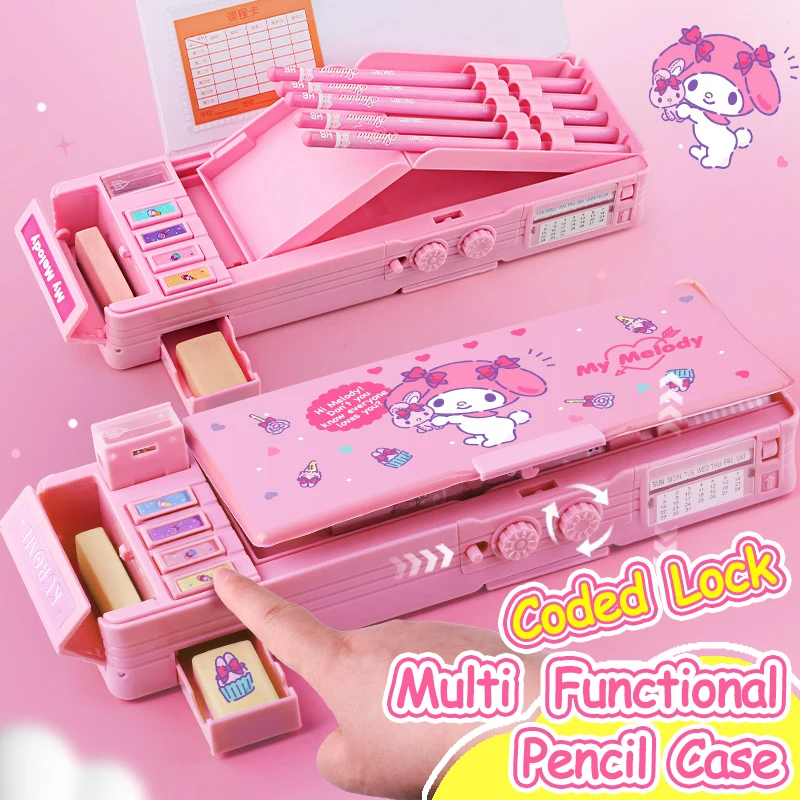 Sanrio Multifunction Stationery Box Melody Pencil Box Large Capacity Coded Lock Students' Supply Children New Term Gift Genuine