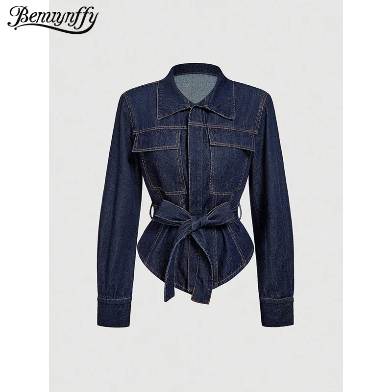 

Benuynffy 2025 Autumn Winter Vintage Matching Belt Denim Shirt Jacket Women's Fashion Long Sleeve Office Ladies Jeans Top