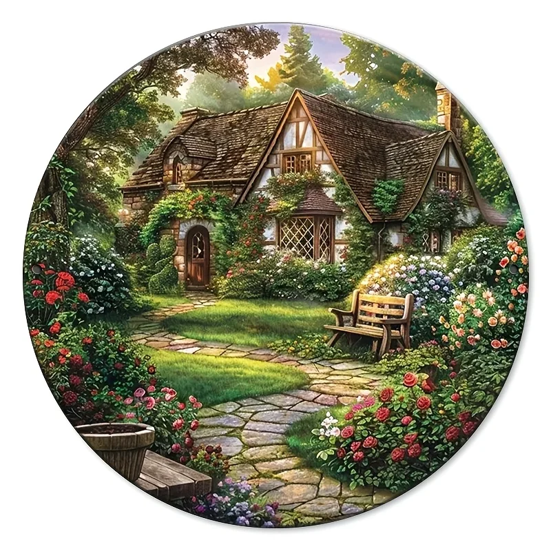 Spring Cottage Flower Field Theme Decorative Painting Round Wooden Wall Art, Diameter 8 by Inch - Suitable for Interior Decorati