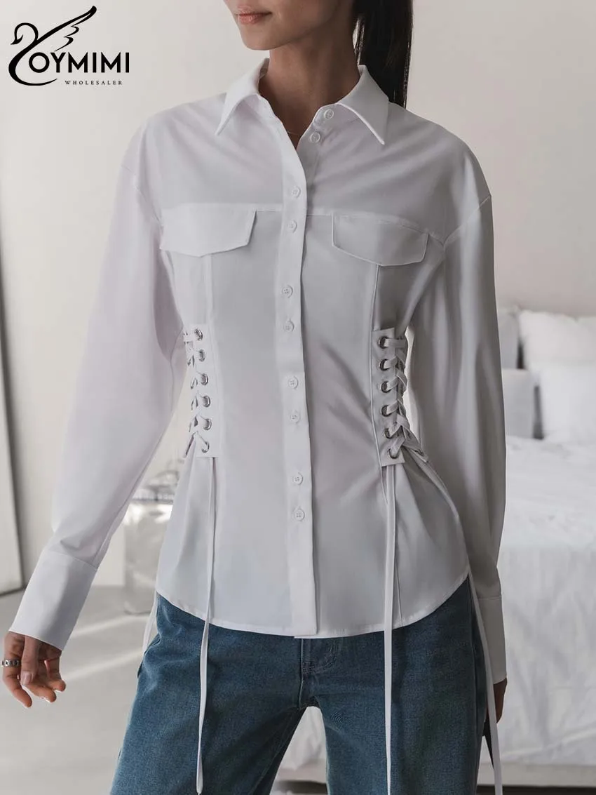 Oymimi Casual White Bandage Women\'s Shirt Elegant Long Sleeve Pockets Blouses Streetwear Fashion Solid Single-Breasted Shirts