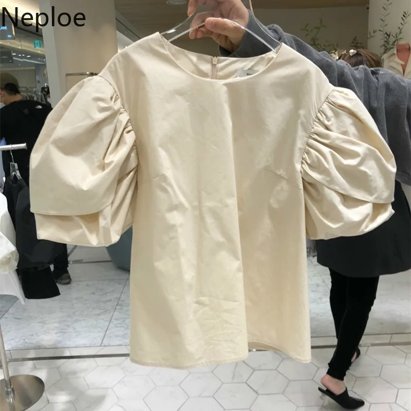 Neploe Puff Sleeve Blouse Women Solid Pleated O Neck Puff Sleeve Blusa Shirts Spring 2024 Fashion Casual Female Tops 1C809