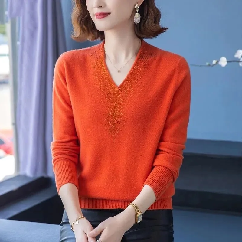 2024 New Cashmere Women\'s V-neck Pullover Casual Knitted Long Sleeve Jumpers Basic Sweater Autumn And Winter Jersey Tops