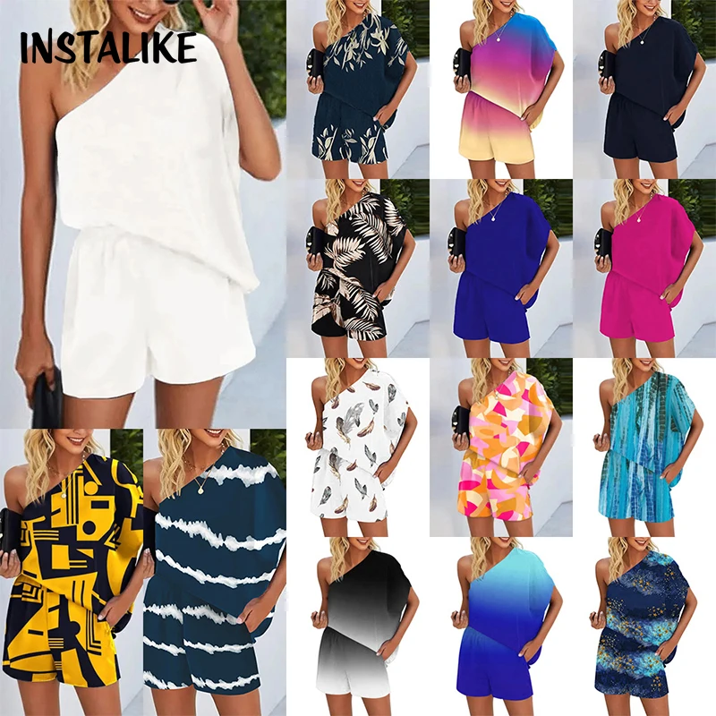 

InstaLike-Casual Loose Two-Piece Sets for Women, Printed Outfit, One Shoulder Crop Tops, Solid Shorts, Pant Sets, Summer, 2024