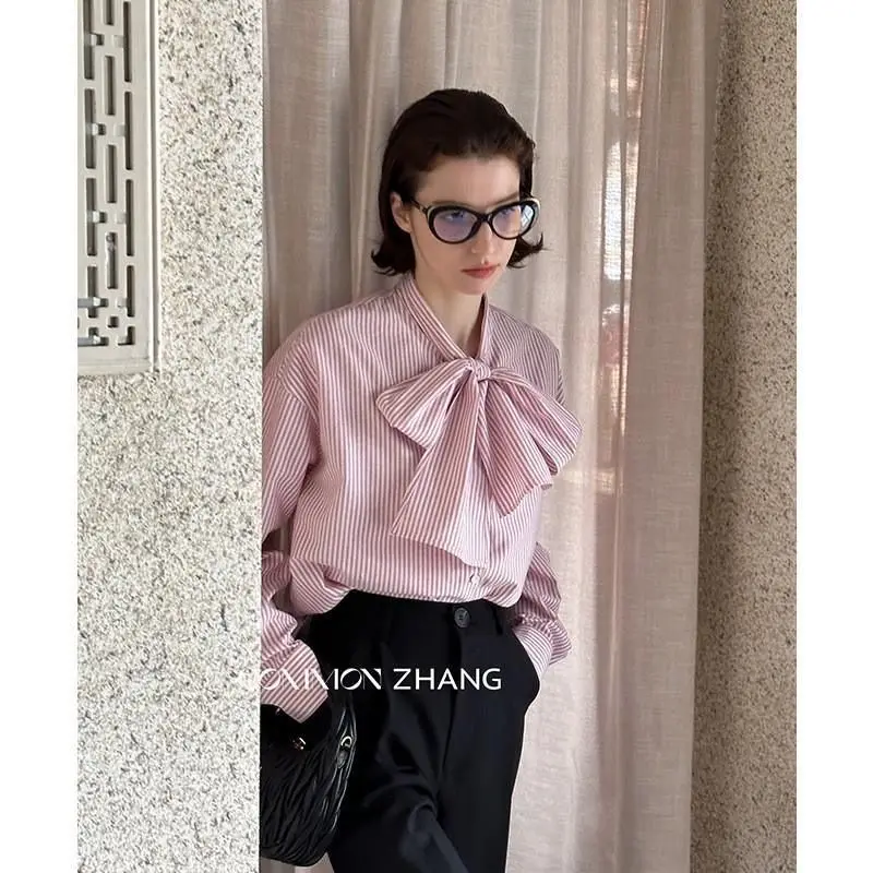 Kimotimo Vintage Striped Bow Blouses Women Elegant French Style Long Sleeve Shirts Sweet Loose Preppy Style Office Look Tops Ins