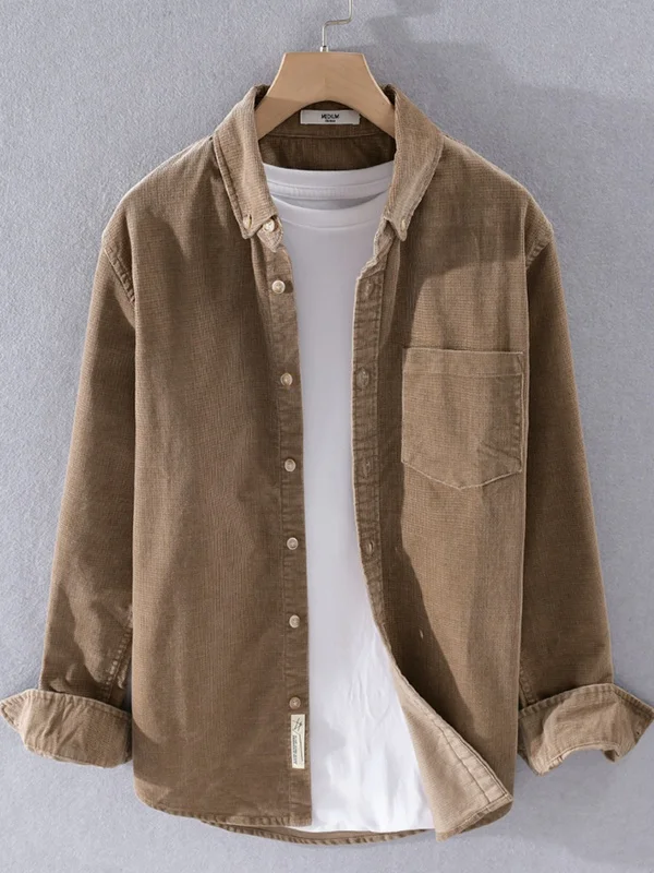 

Вельветовая мужская модная верхняя одежда цвета хаки Long Sve, весенне-осенняя верхняя одежда, джет, свободный крой, вышитая нашивка на пуговицах, спандекс, хлопок...