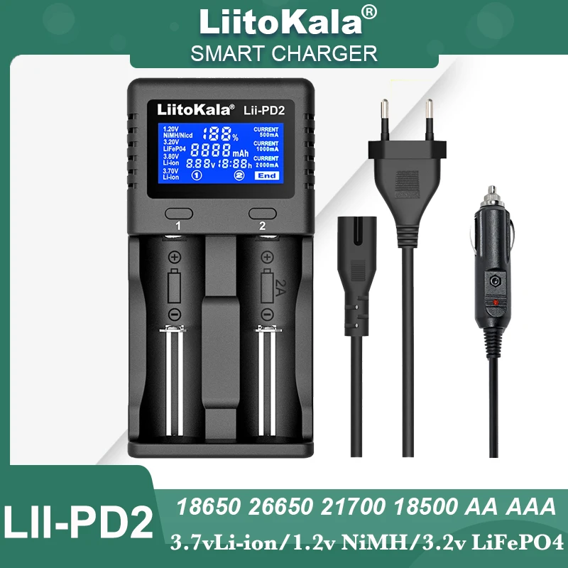 Hot LiitoKala Lii-PD4 LII-PD2 Smart Battery Charger for 3.7v Li-ion 3.2v LiFePO4 18650 26650 21700 18500 18350 1.2v NiMH AA AAA
