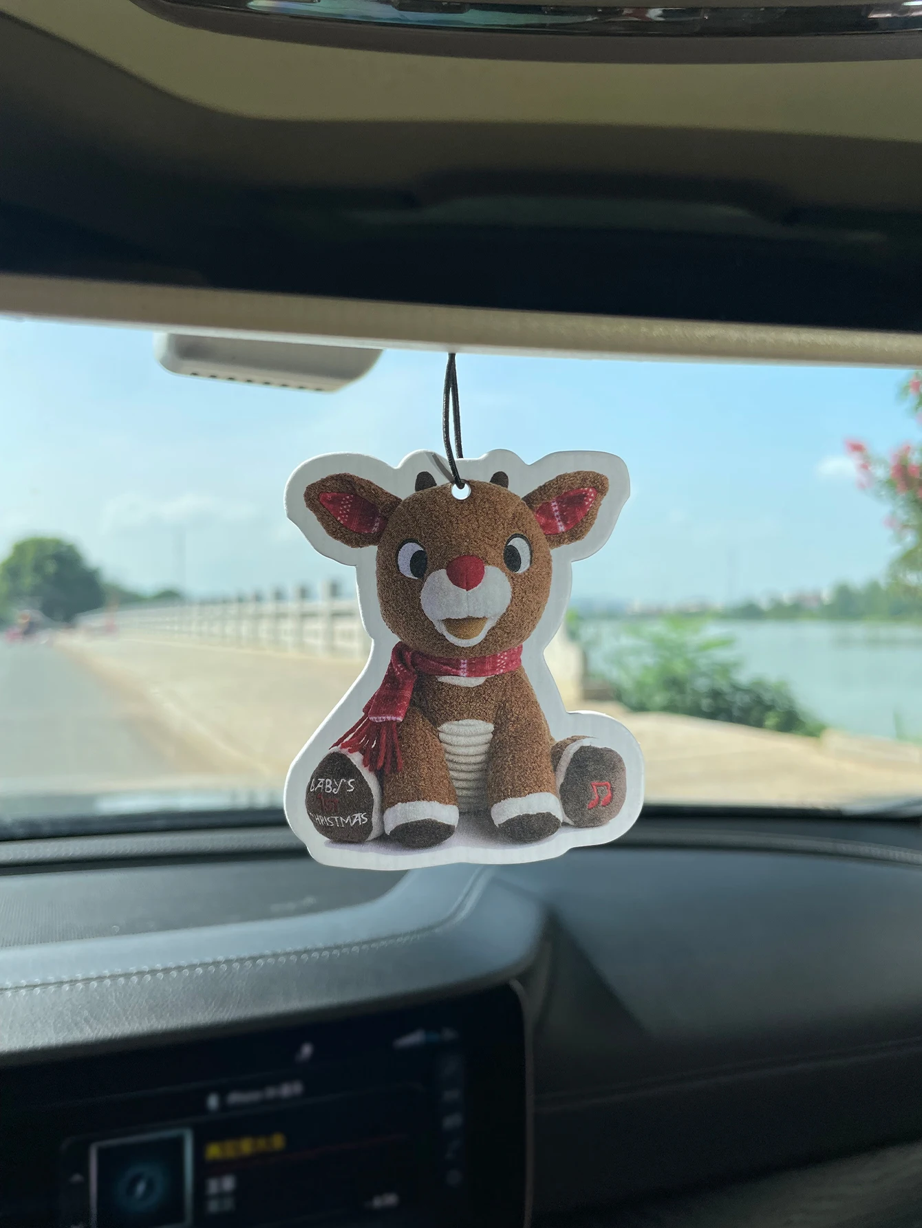 Baby's First Christmas Red Nose Reindeer Plush Hanging Car Air Freshener, Natural Plant Extract Alcohol-Free Scented Paper Card,