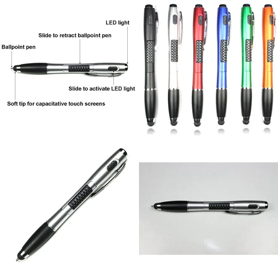 

6 шт. Многофункциональная ручка для сенсорного экрана 3-в-1 со стилусом, шариковой ручкой и светодиодным фонариком для смартфонов, планшетов, iPad iPhone S