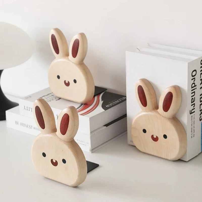 ✨Cute Rabbit Book Ends Solid Wood - Kawaii Bunny Book Holder Stand for Children's Books, Nursery and Office Desktop Organization