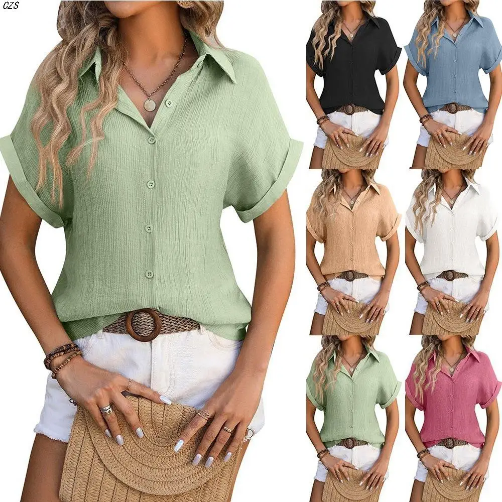 

Ladies Loose ort Sve irt Summer New Sle Comfortable Polyester Fabric Folded Hemline Button Closure Pure Color Design