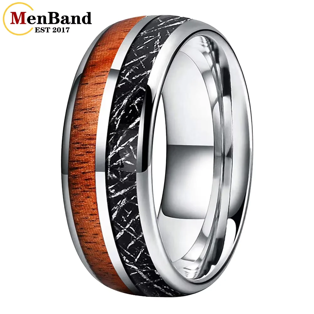 

MenBand Fashion Jewelry 8MM Men Women Tungsten Carbide Rings with Koa Wood Black Meteorite Inlay Domed polishing Comfort Fit