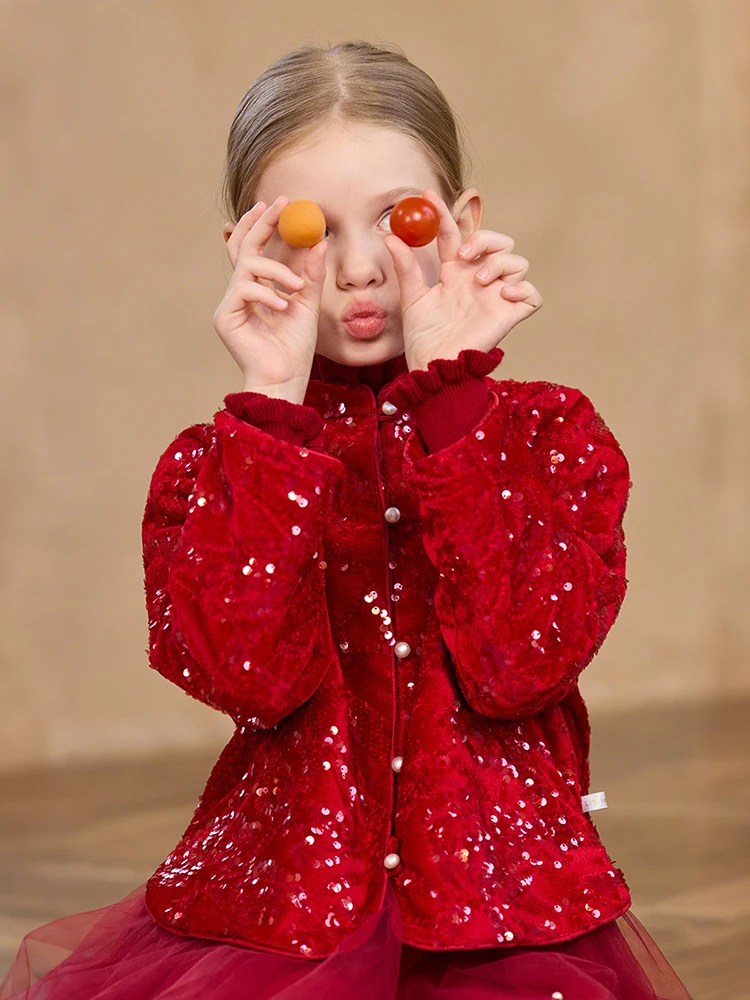 Girls Chinese Style Velvet Jacket Sparkling Sequined Blazer with Mandarin Collar for Holiday Parties Autumn Winter Formal Dress