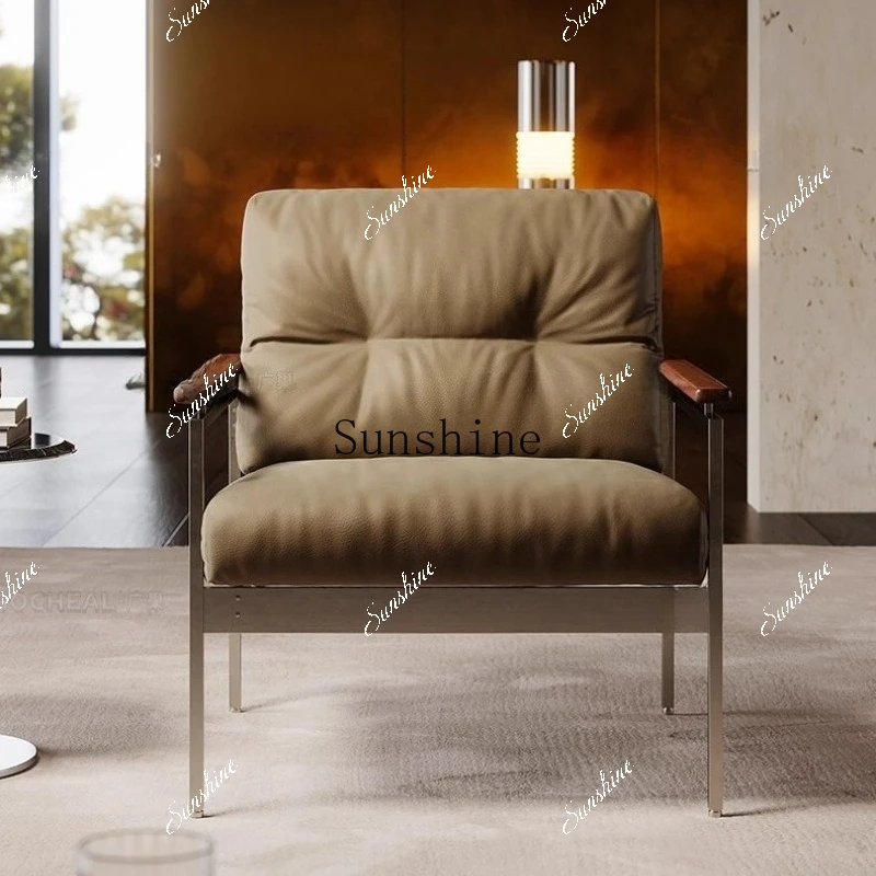 Italian minimalist leather single sofa chair with armrests living room bedroom balcony book chair