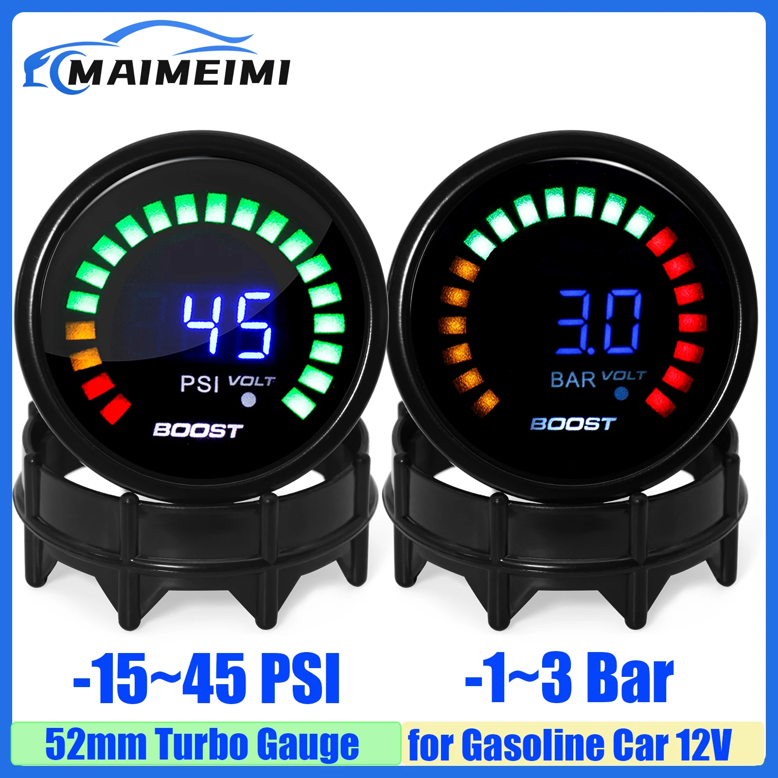 Digital -1~3 BAR 52mm Turbo Boost Gauge with Sensor -15~45 PSI Turbo Meter smoke Lens Car Gauge for Gasoline Racing Car 12V