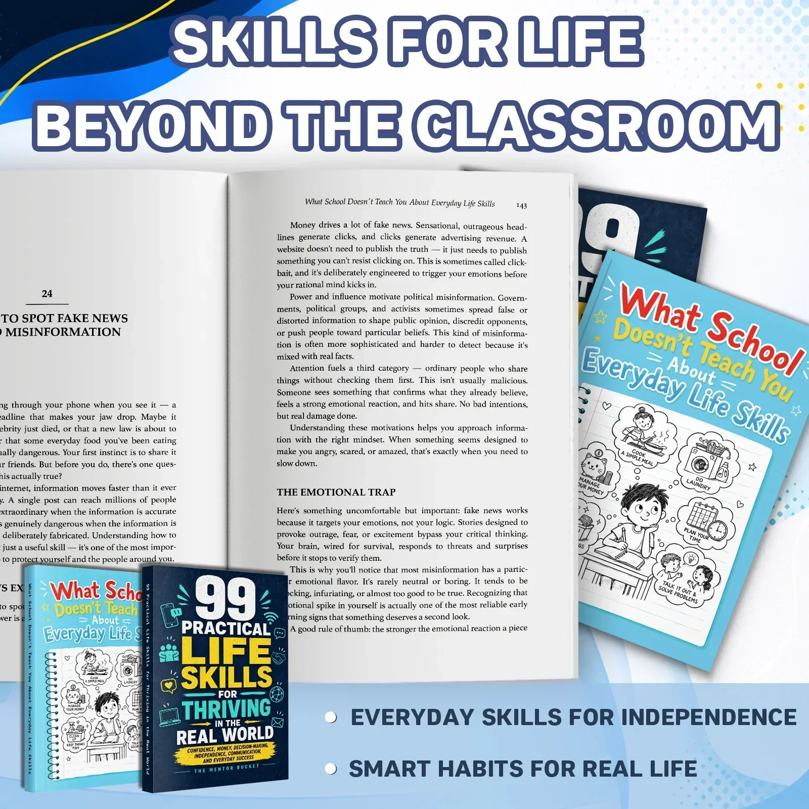 2-Book English Practical Life Skills Book Set, 99 Everyday Skills and What School Doesn't Teach You, Money, Decision-Making