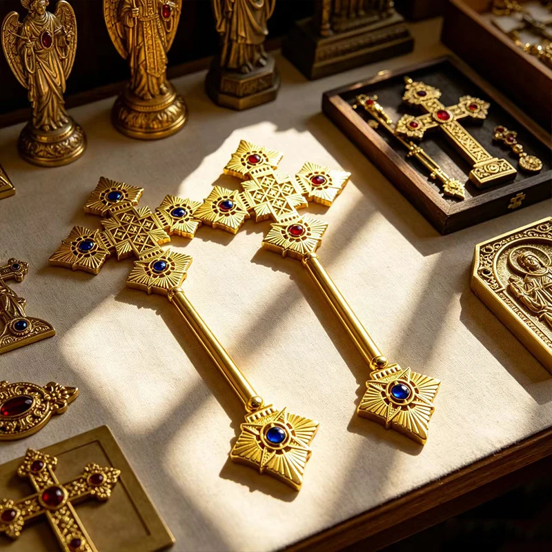 Orthodox Blessing Cross Gold Metal Handheld Crucifix with Gemstones Byzantine Priest Altar supplies Christian Religious Gift