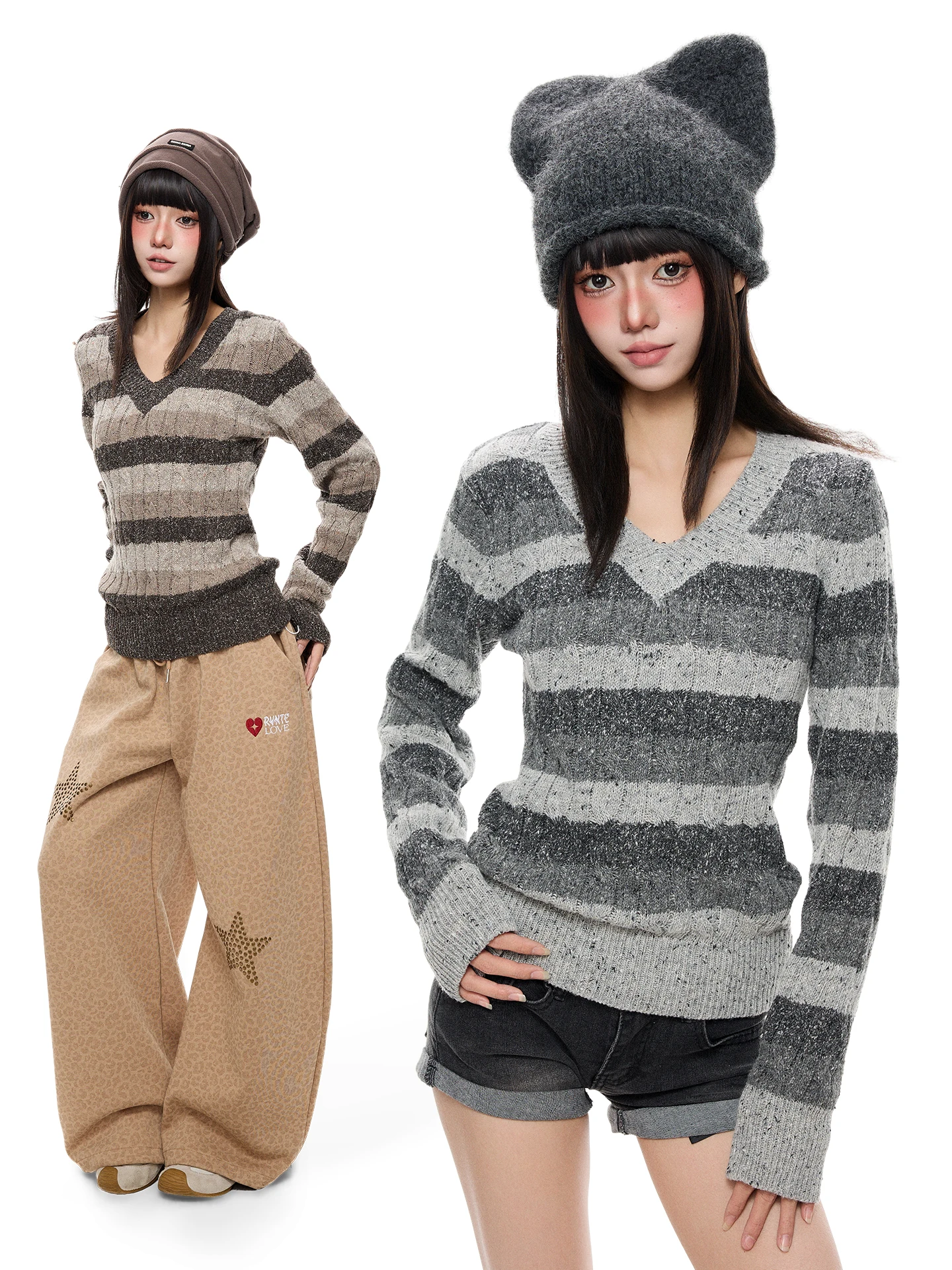 K787 Korean Snowflake Particle Stripe Waist-Cinching Knitwear Women's American Retro Atmosphere V-neck Sweater Jacket