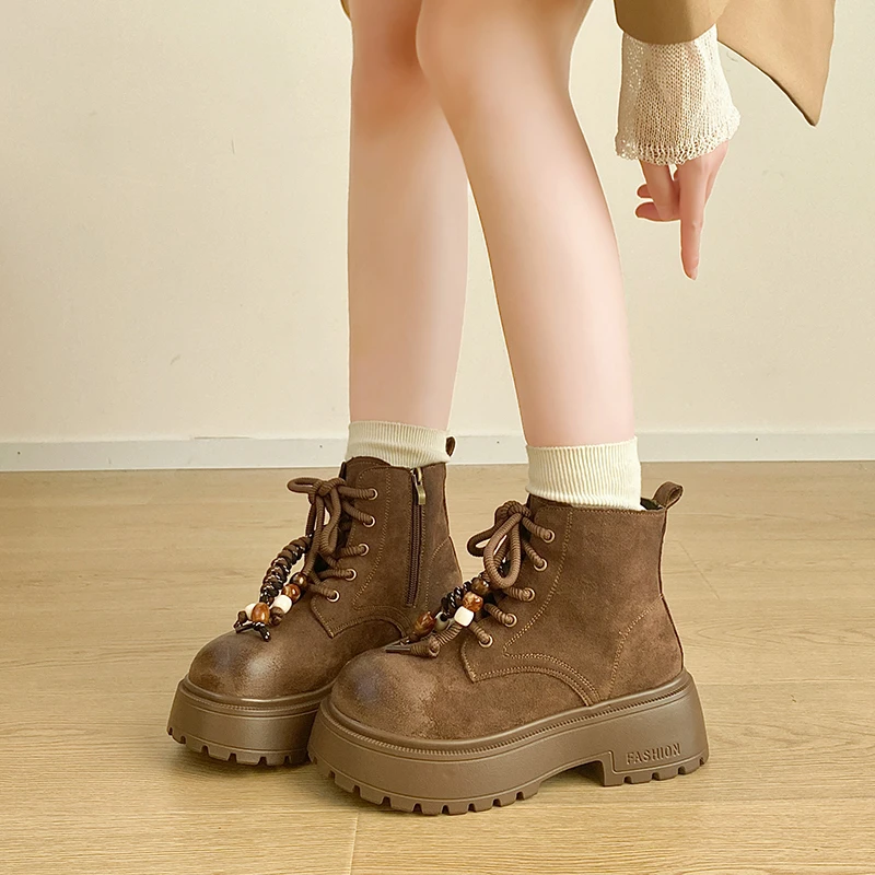 أحذية نسائية عالية الكاحل، أحذية جلدية كاجوال متعددة الأغراض على الطراز البريطاني متعددة الأغراض لزيادة الارتفاع #2