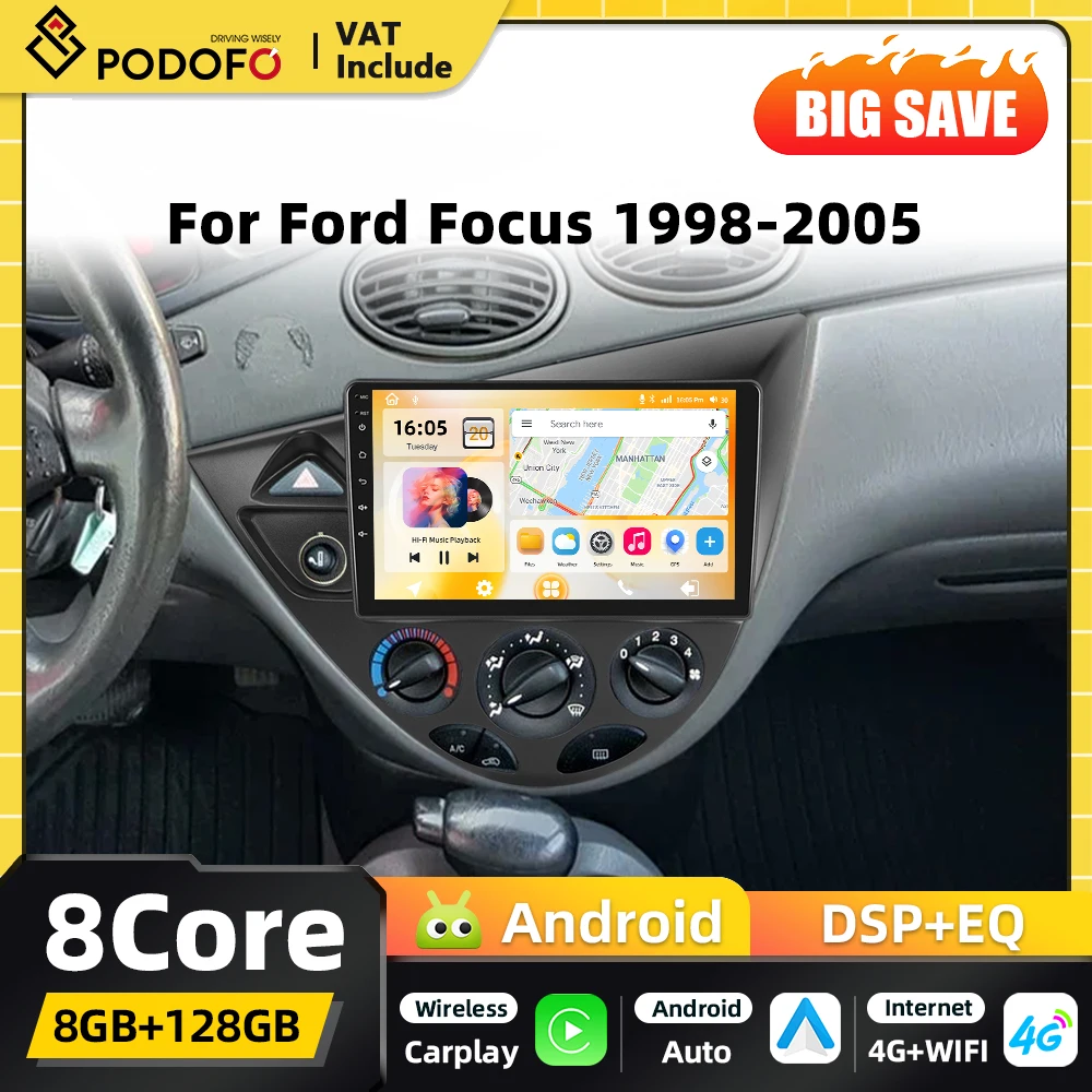 Podofo 8+128G 2din Android Auto-Multimediaplayer für Ford Focus 1998-2005 GPS-Navigation Carplay Android Auto WIFI DSP FM RDS Bluetooth