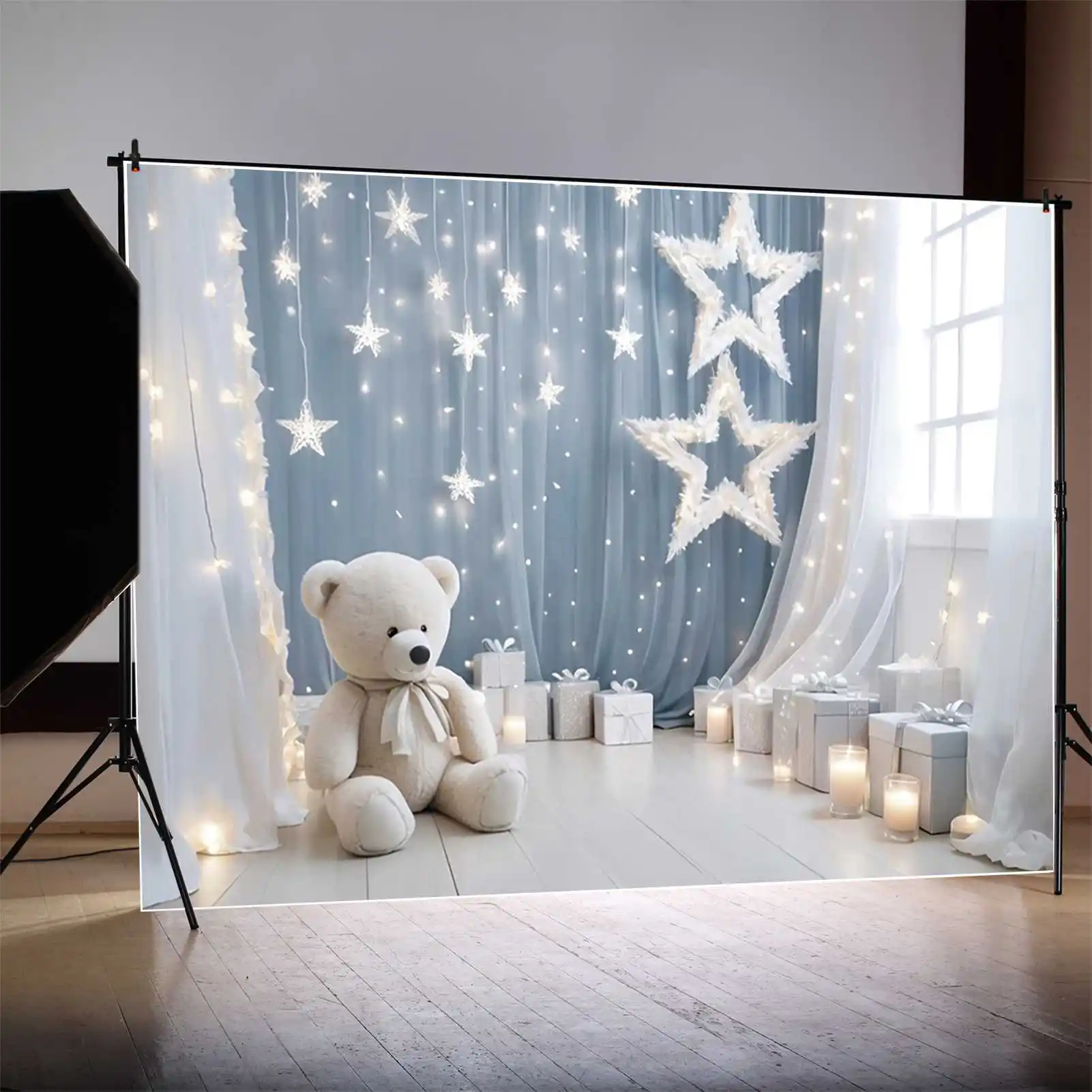 Moon.qg ดาวแสงฉากหลังวันเกิดครั้งแรกลูกบอลเทียนเด็กพื้นหลังตุ๊กตาหมีที่กำหนดเองตกแต่งปาร์ตี้อุปกรณ์ประกอบฉากการถ่ายภาพ