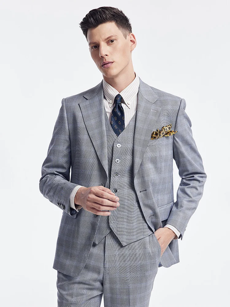 

Men Suits Set Blazer Vest Pant Grey Blue Plaid Luxury Wedding Groom Summer Wear Fashion Slim Fit Normal Businessman Plus Suit