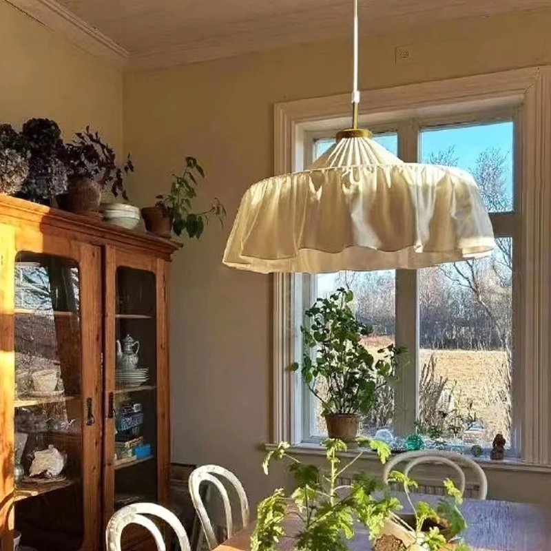 American Retro Wabi Sabi Fabric White Pendant Lamp Living Dining Bedroom B&B Home Decor Cloth Droplight Indoor Lighting Fixtures