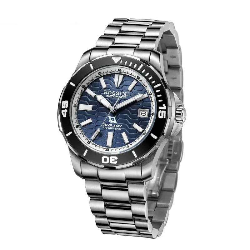 Sjmy×Rossini Co‑branded Blue Wave-Patterned Dial Men's Automatic Mechanical Watch Diving Series 100M Waterproof Strong Luminous